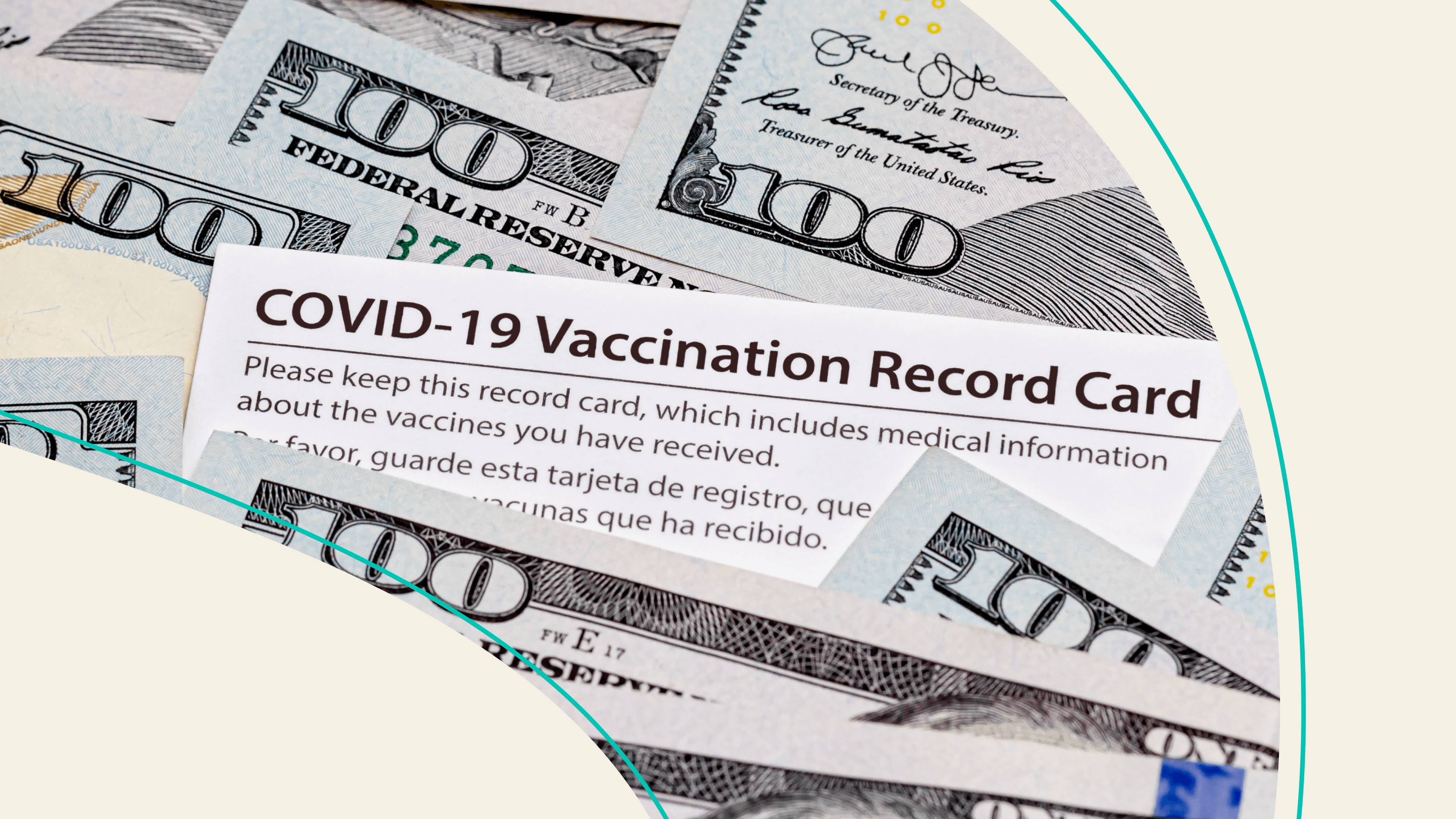 A covid vaccine record card among $100 bills.