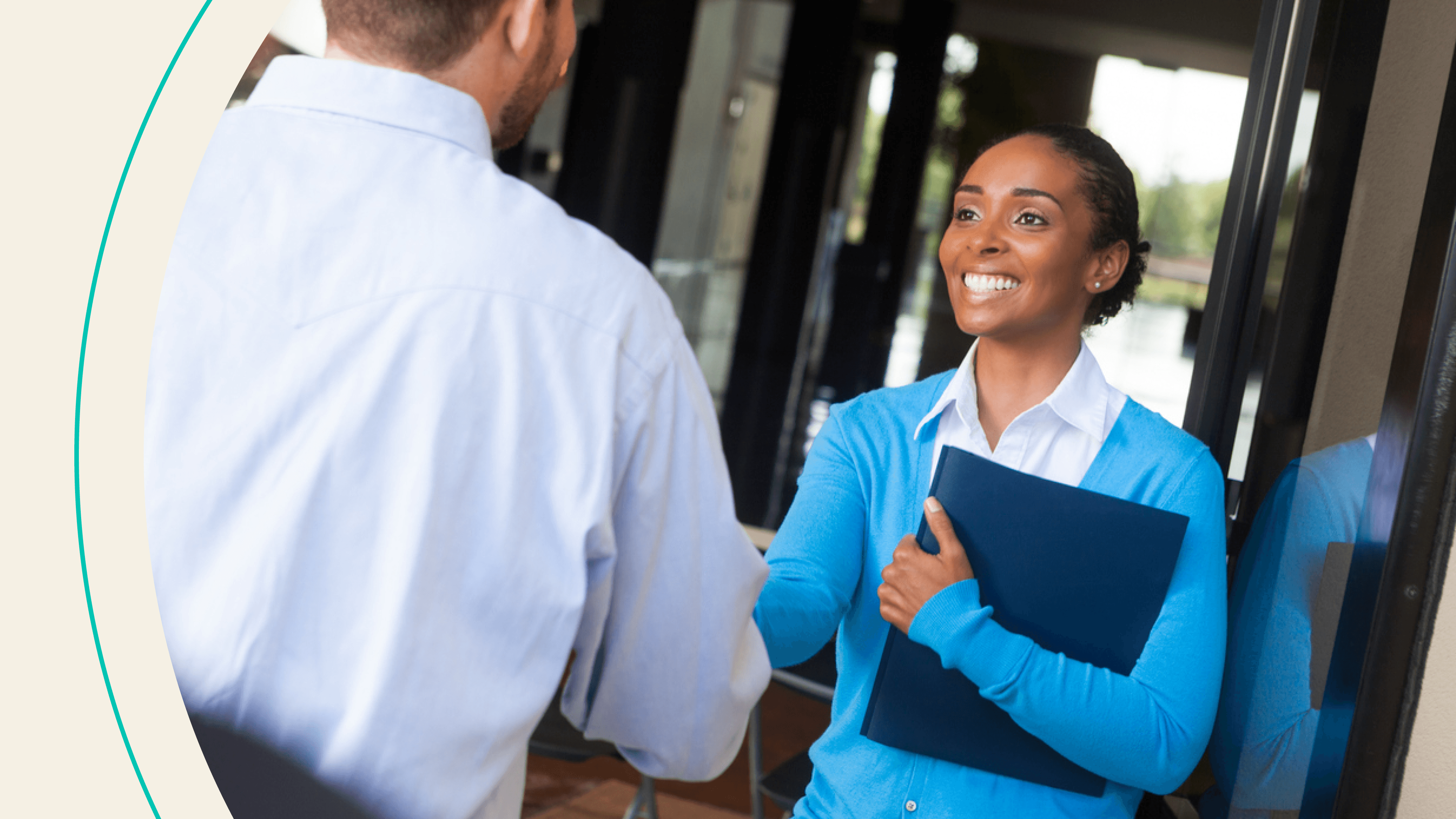accessibility, coworkers shaking hands at office door