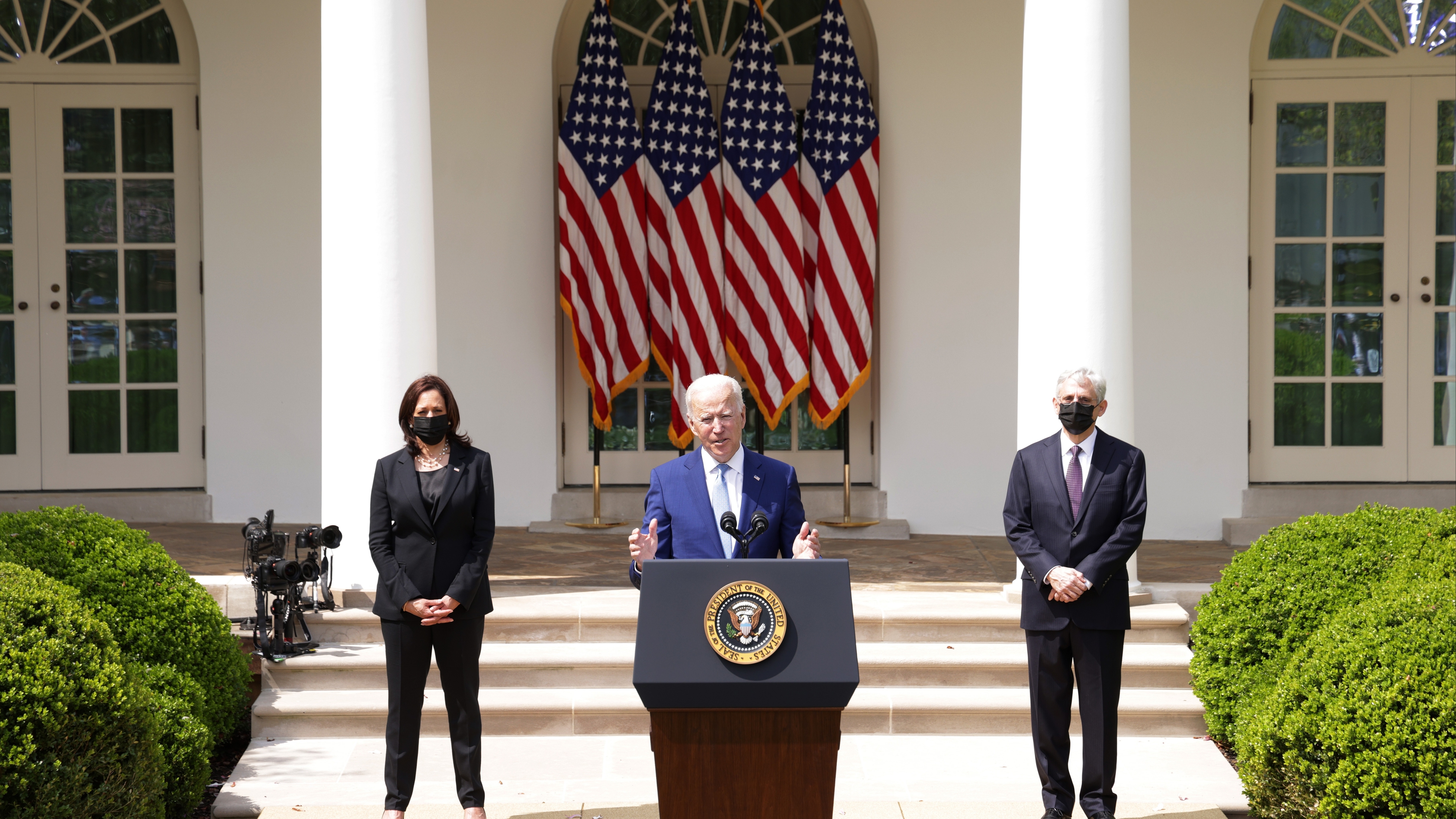 President Biden speaks as Vice President Kamala Harris and Attorney General Merrick Garland listen during an event on gun control