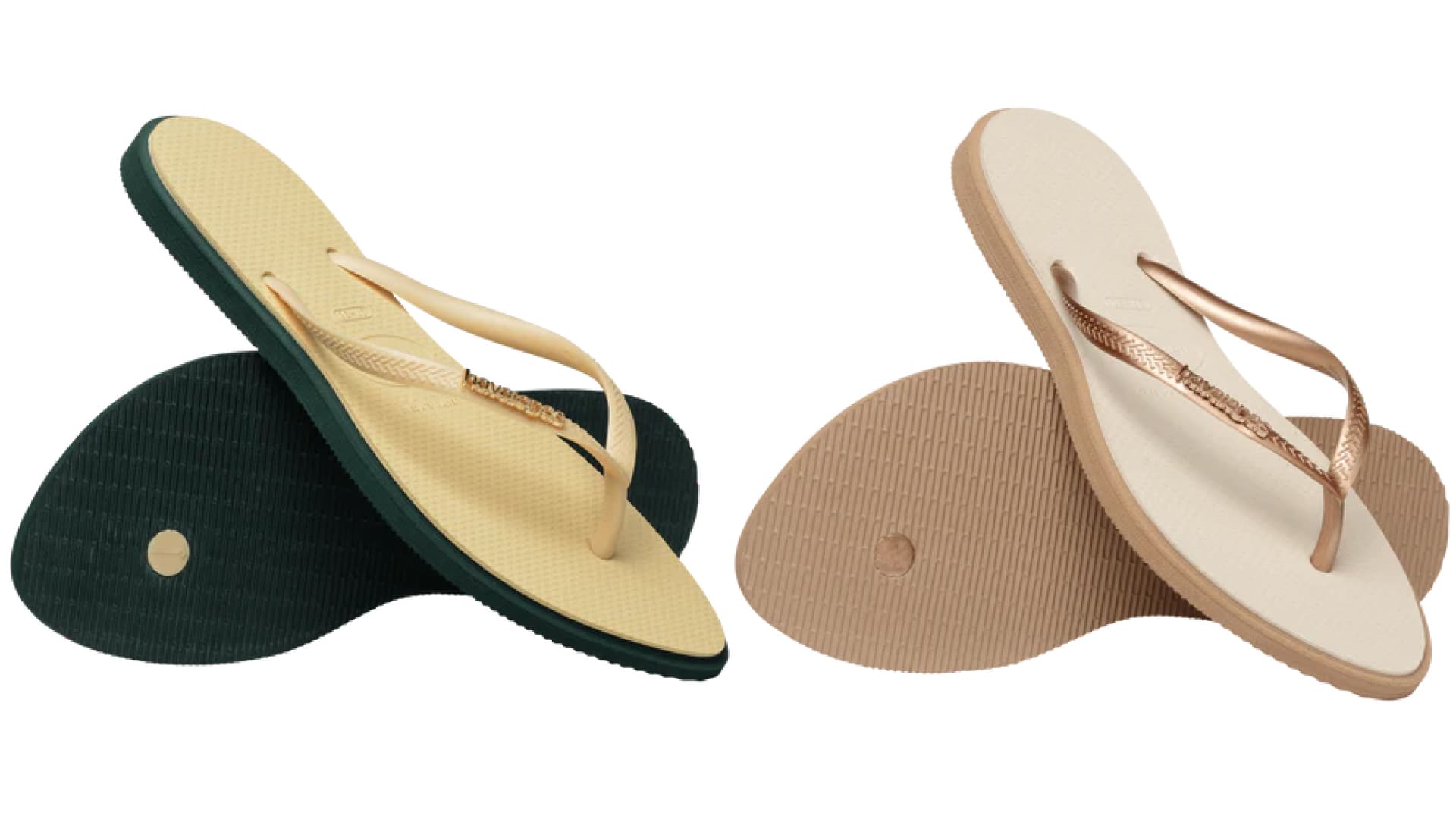 A pair of elevated color contrast slim point flip flops
